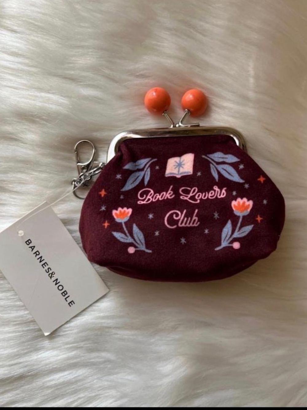 Barnes & Noble Burgundy 'Book Lovers Club' Coin Purse with Orange Bead Clasp